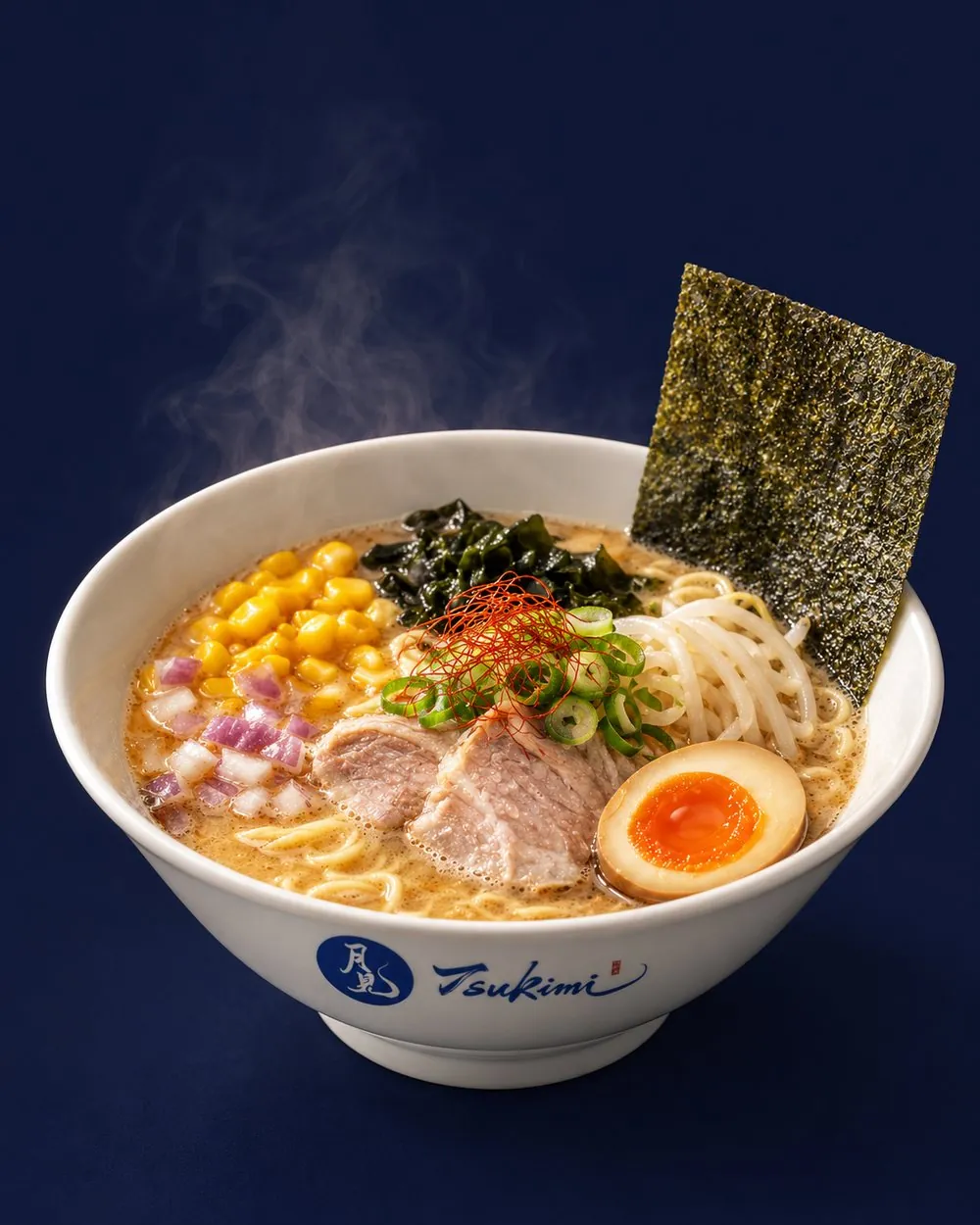 A bowl of Tori-Tonkotsu Classic with steam rising off the broth