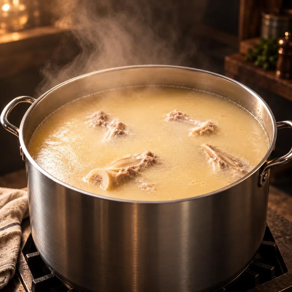 A stock pot of golden chicken and pork broth simmering, steam rising