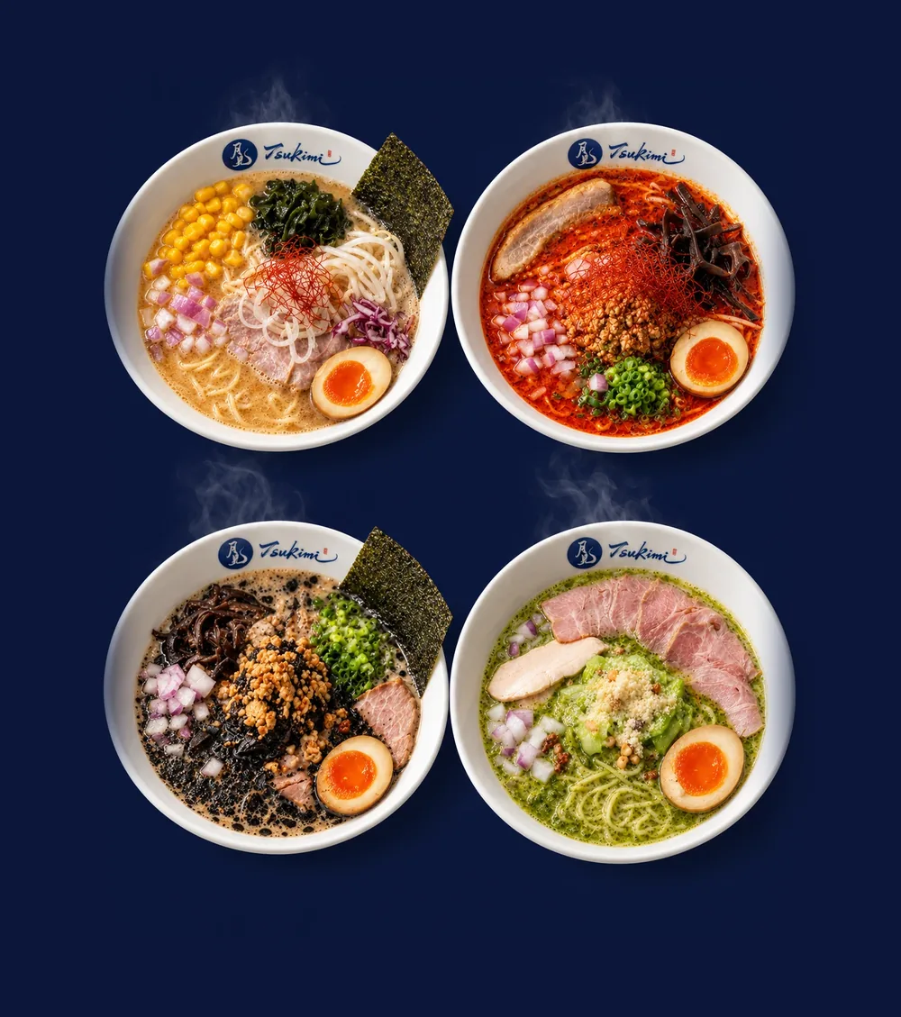 The four Tsukimi ramen bowls from above: Classic, Red, Black and Green